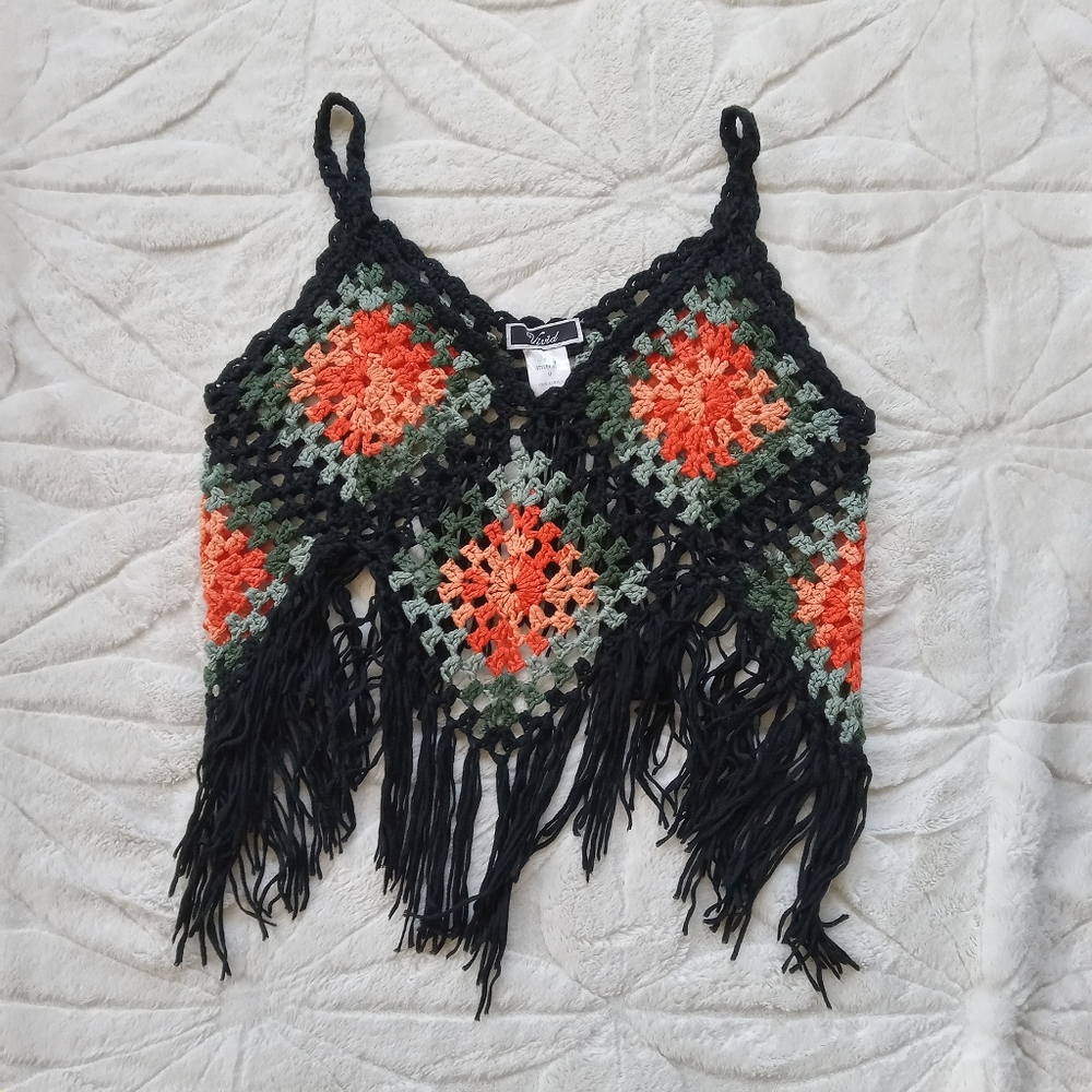 vivid knit tank top womens boho granny squares fringed black green orange crop M